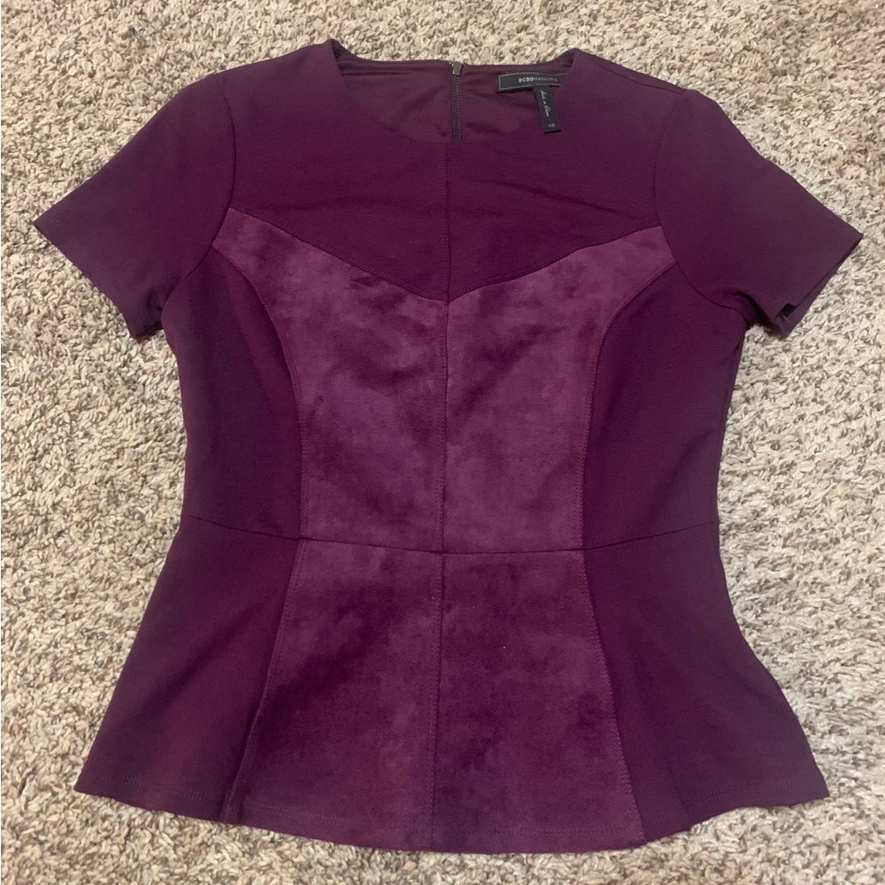 BCBGMAXAZRIA Women’s Sz XS Maroon Suede Peplum Top - Picture 8 of 14